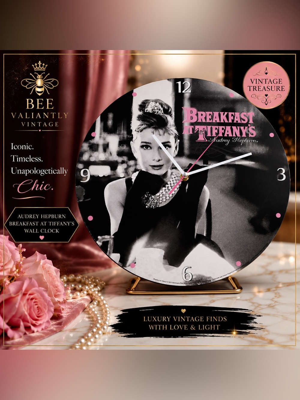 VTG Aubrey Hepburn “Breakfast at Tiffany’s” Clock|Pink Hollywood Regency Decor
